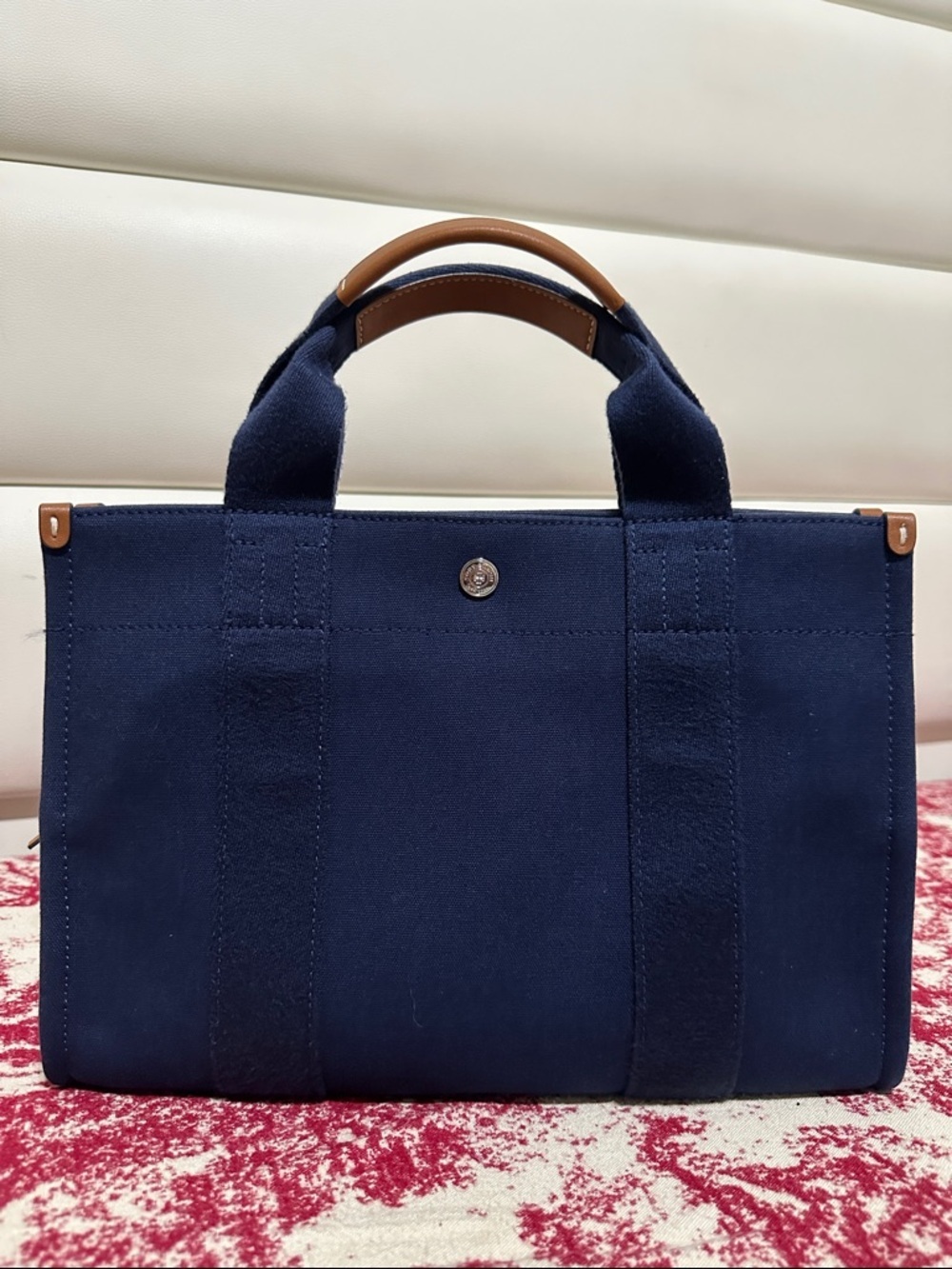 Tory Burch Navy Canvas 2-Way Bag with Tan Leather Trim - Picture 3 of 16